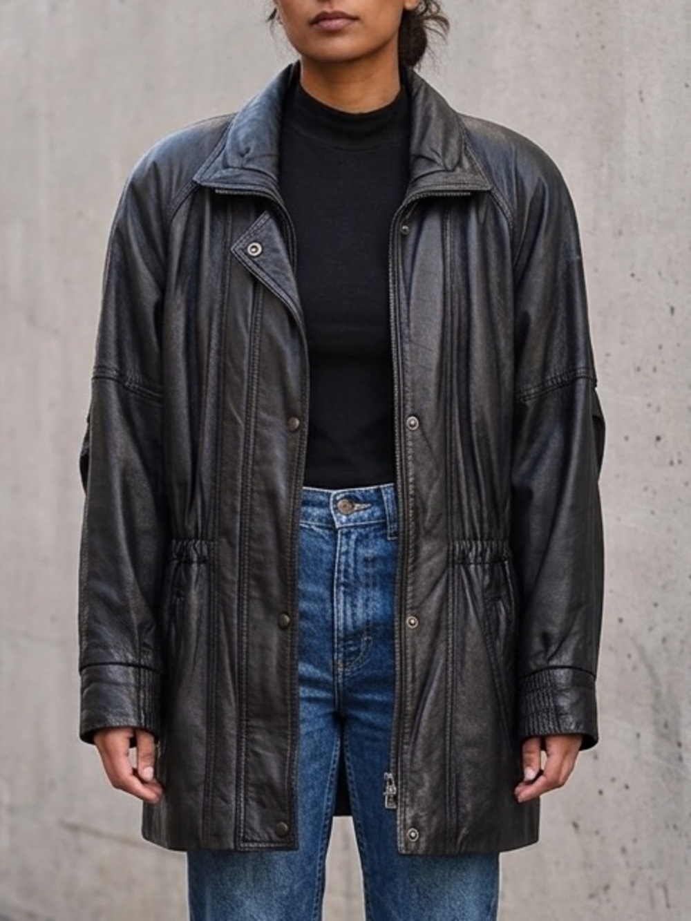 Vintage 90s Black Leather Ranch Leather Coat Sherpa Lined Grunge Goth